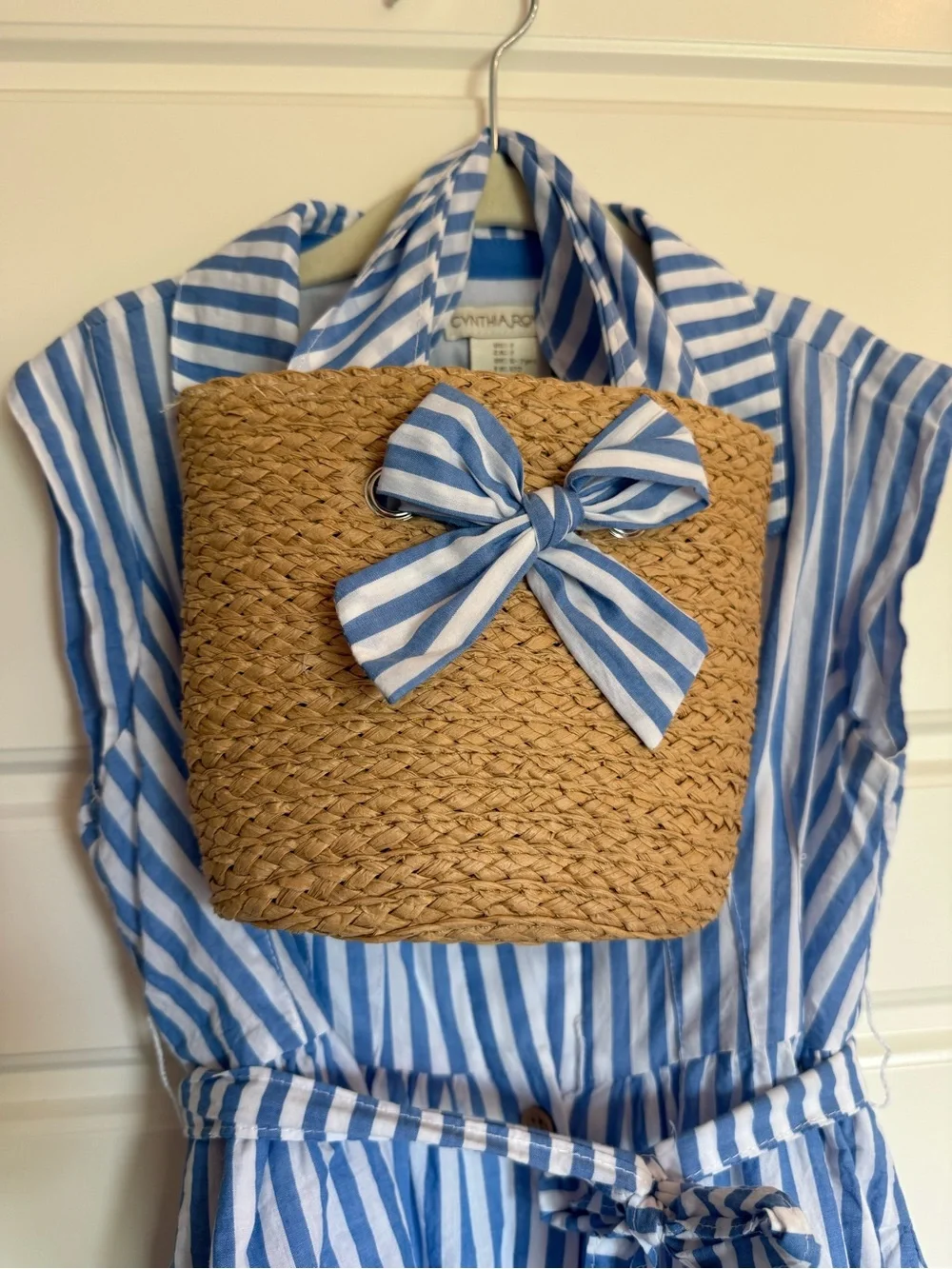 Cynthia Crowley Blue & White Striped Kids Shirt Dress with Tie Belt & Purse